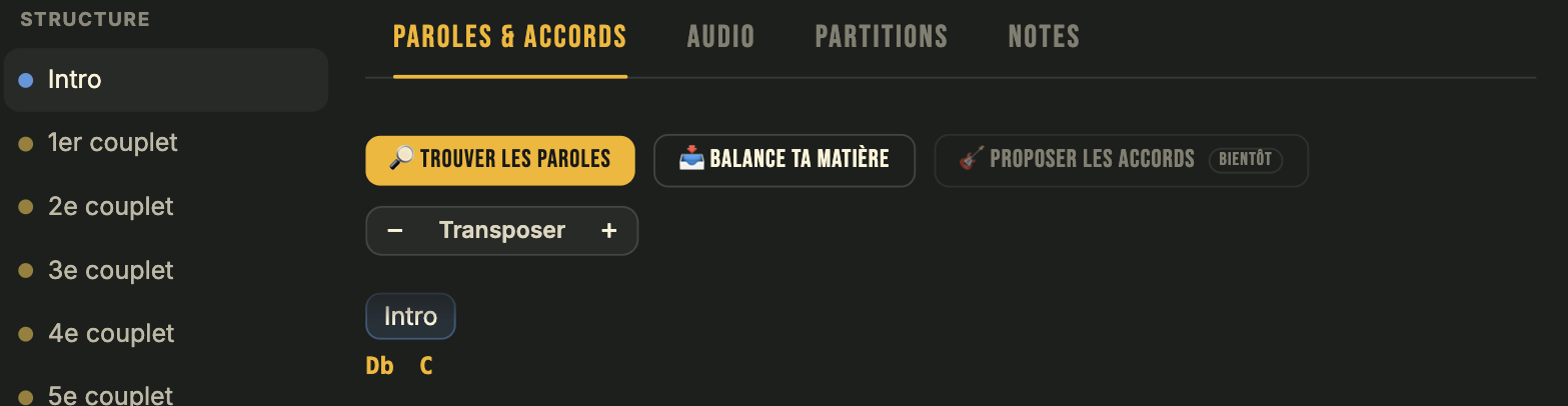 Les outils de l'onglet Paroles & accords