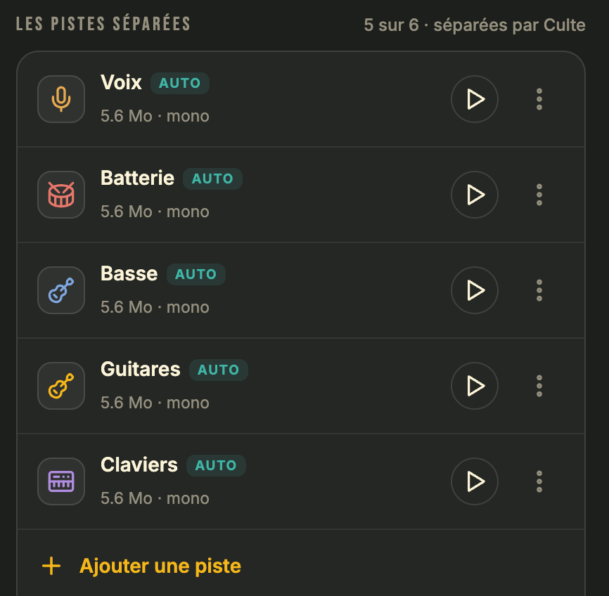 Les pistes séparées d'un morceau